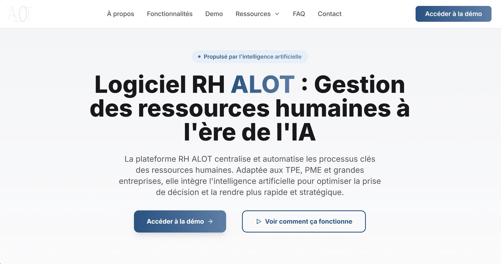 Page d'accueil du site alot.ma : « Logiciel RH ALOT : Gestion des ressources humaines à l'ère de l'IA ».
