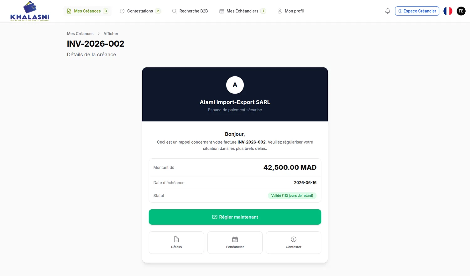 La page de paiement sécurisée reçue par le débiteur : montant dû, date d'échéance, statut, et les boutons Régler maintenant, Échéancier, Contester.